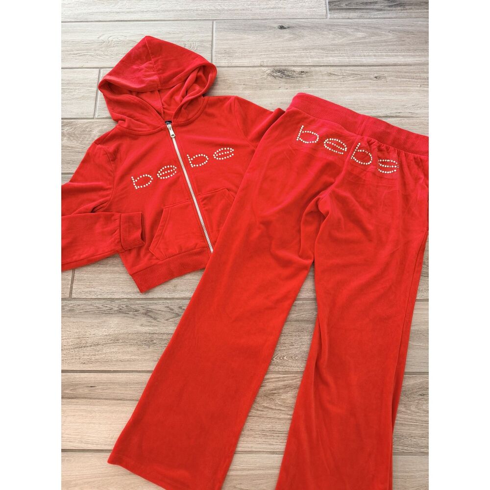 bebe Red Velour Tracksuit Set Rhinestone Logo Zip Hoodie & Pants Size M
